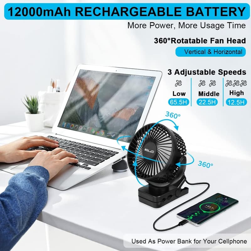 Wiederaufladbarer Camping-Ventilator mit LED und Fernbedienung, 12000mAh