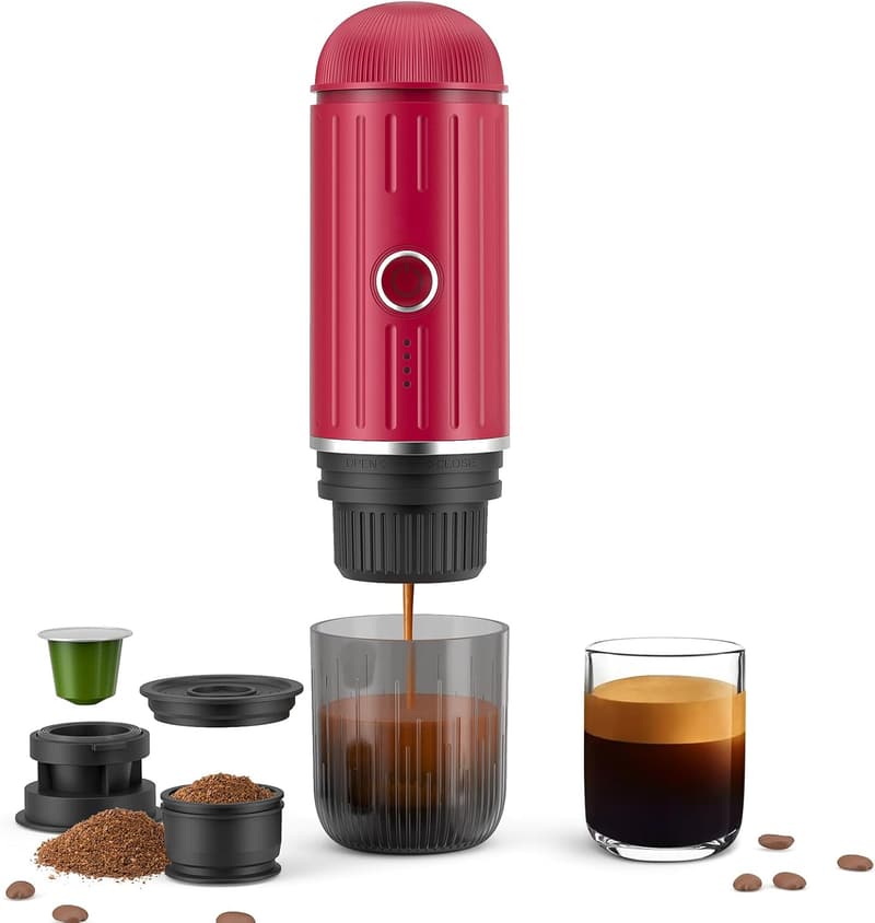 Wiederaufladbare Espressomaschine für Camping und Reisen, rot, 12 V, Ein-Klick-Heizung