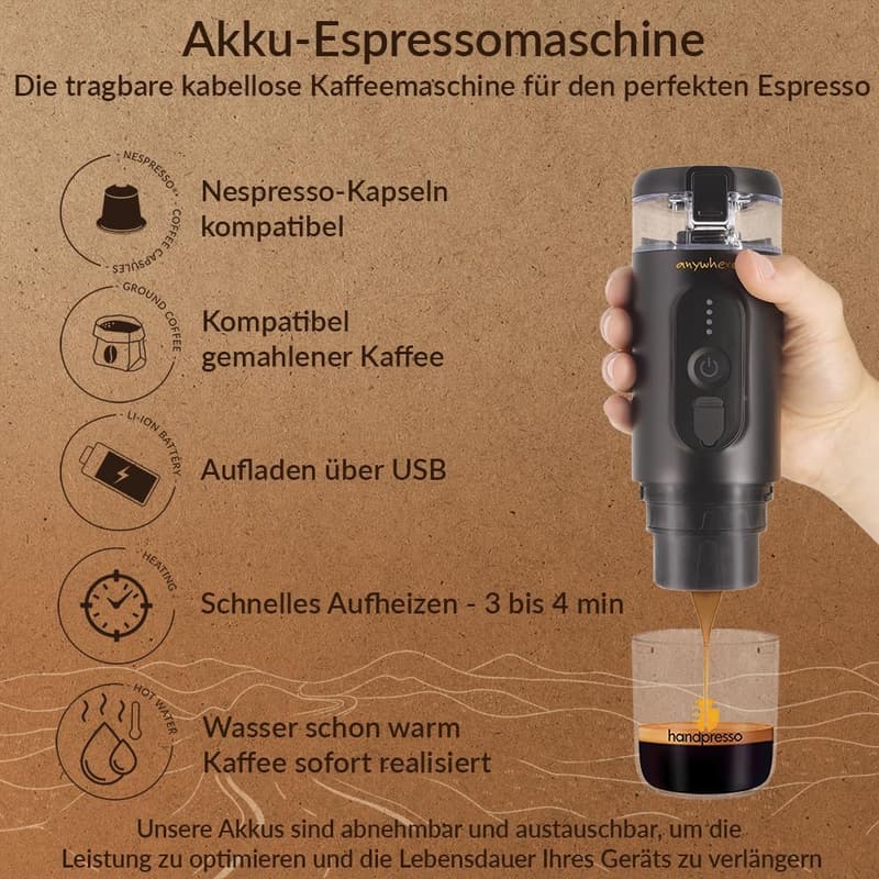 Tragbare Akku Kaffeemaschine für Espressokapseln - 60ml Wassertank
