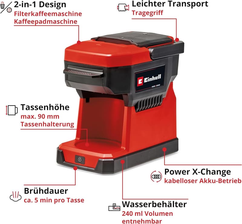 Einhell Akku-Kaffeemaschine für Filterkaffee, 240 ml, inkl. Tasse