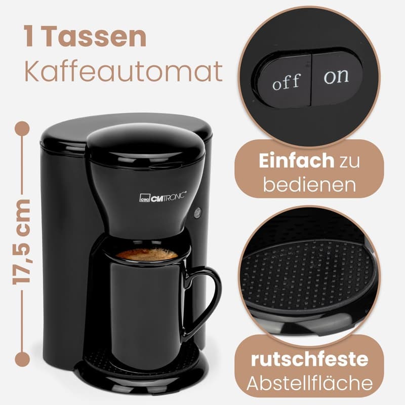 Kaffeemaschine für Singles mit Keramiktasse, Clatronic KA 3356