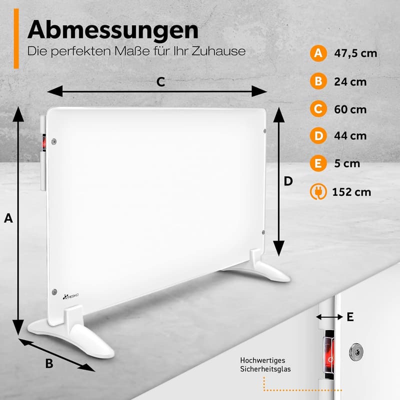 TRESKO 600W Elektroheizung mit Standfüßen und Wandmontage