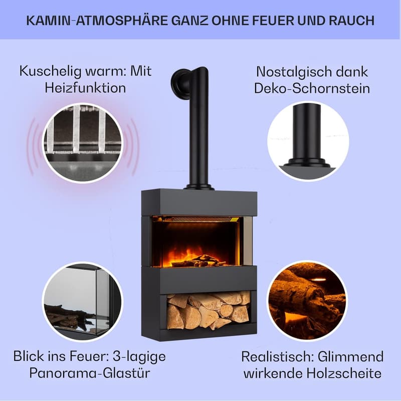 Klarstein Elektrokamin mit LED-Flammen, 1800 W Heizlüfter für Wohnzimmer