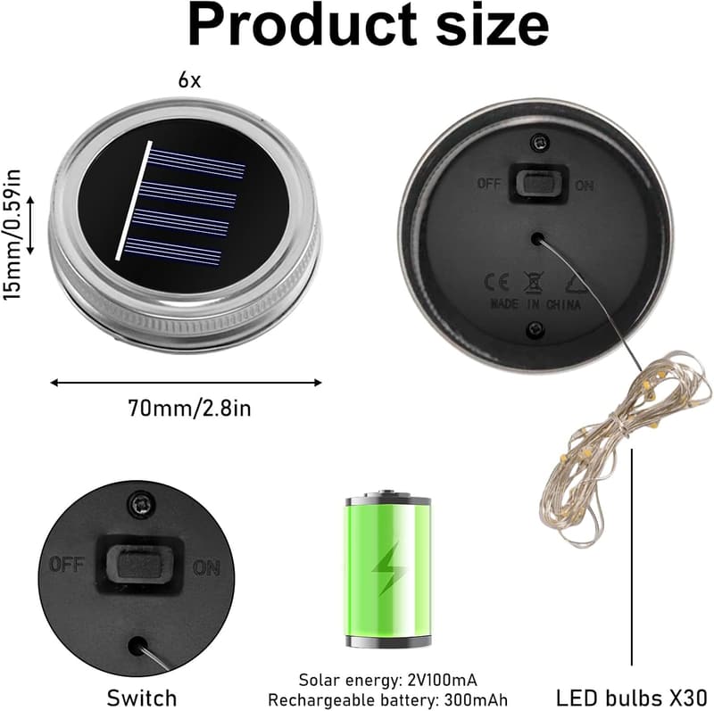 6er Set Solarleuchten für Glas-Mason-Jars, 30 LED, Garten-Dekor