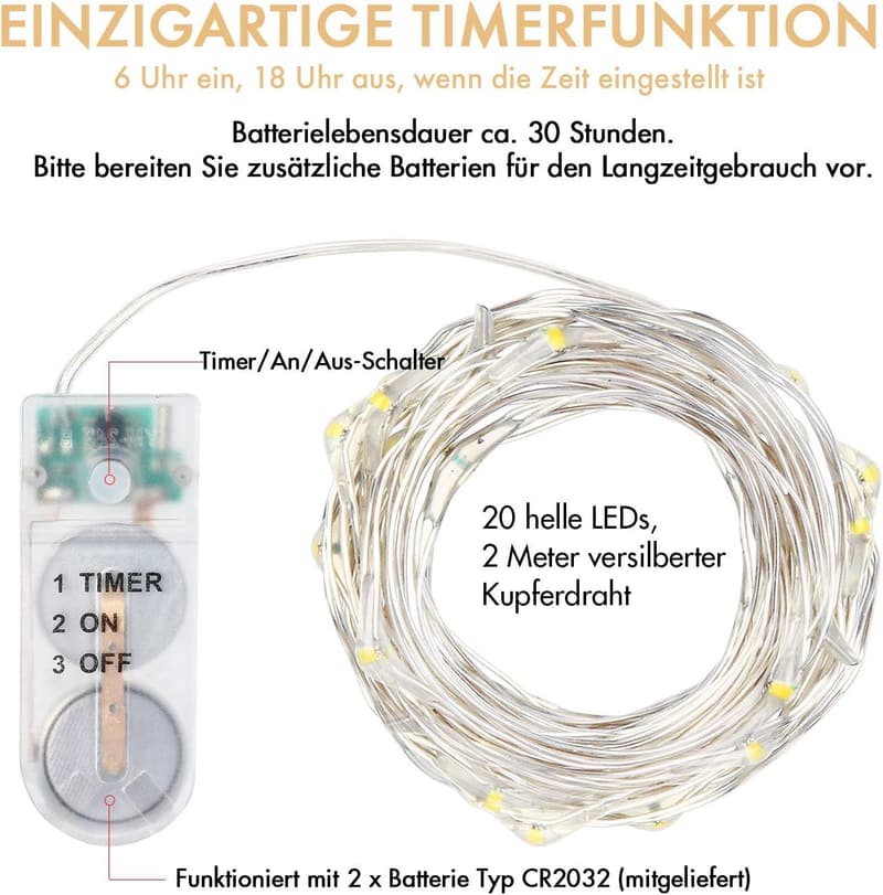 Weihnachtsdekoration: 9er-Pack batteriebetriebene Kupferdraht-Lichterketten, 2m, 20 LEDs, wasserdicht