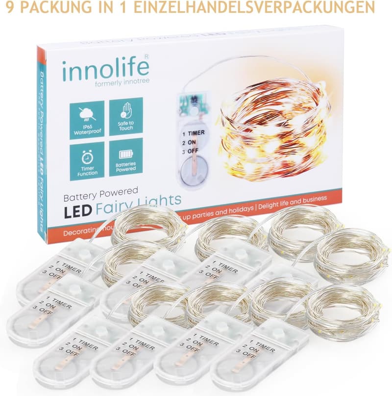 Weihnachtsdekoration: 9er-Pack batteriebetriebene Kupferdraht-Lichterketten, 2m, 20 LEDs, wasserdicht