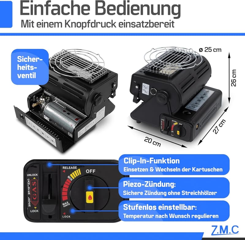 Tragbare 2-in-1 Keramik Gasheizung und Gaskocher für Outdoor mit 16 Gaskartuschen