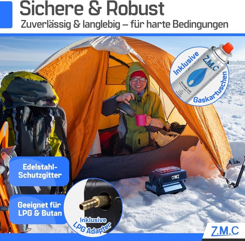 Tragbare 2-in-1 Keramik Gasheizung und Gaskocher für Outdoor mit 16 Gaskartuschen