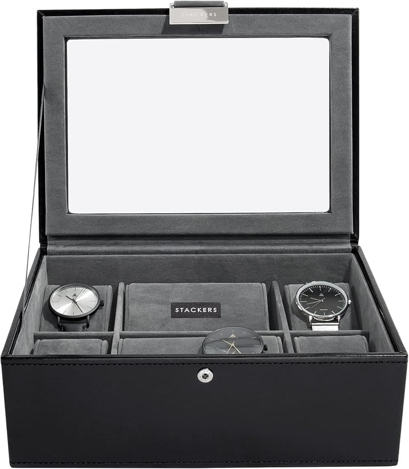 Schwarze verschließbare Uhrenschatulle für Herren, 8-teiliges Set