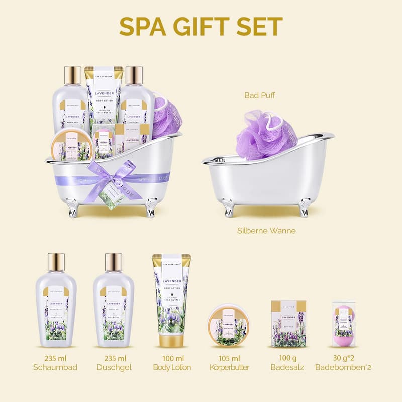 Lavendelduft Wellness-Set für Frauen - 8tlg. Bade Geschenkset