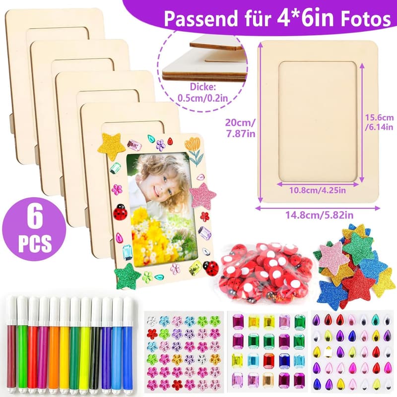 DIY Bilderrahmen Set aus Holz zum Bemalen für Kinder, 6 Stück