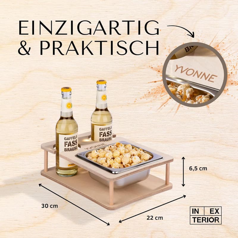 Personalisierbarer Couch-Organizer mit Snackschalen und Flaschenhalter (Natur)