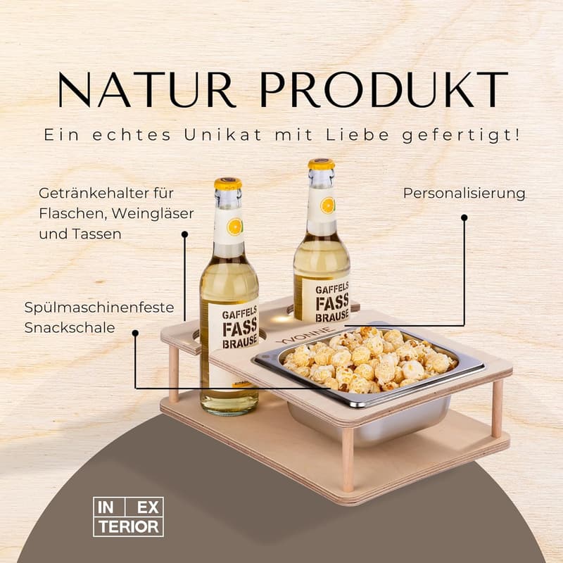 Personalisierbarer Couch-Organizer mit Snackschalen und Flaschenhalter (Natur)