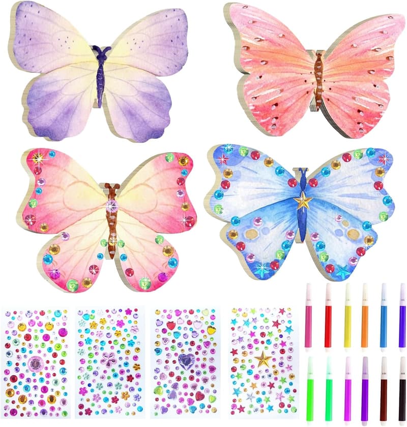 Bastelset Schmetterlinge für Kinder - 24 Holzfiguren mit Aquarellstift und Aufkleber