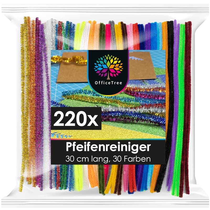 Bunte Pfeifenputzer 220er Set für DIY Projekte – 30cm, 30 Farben inkl. Glitzerdraht