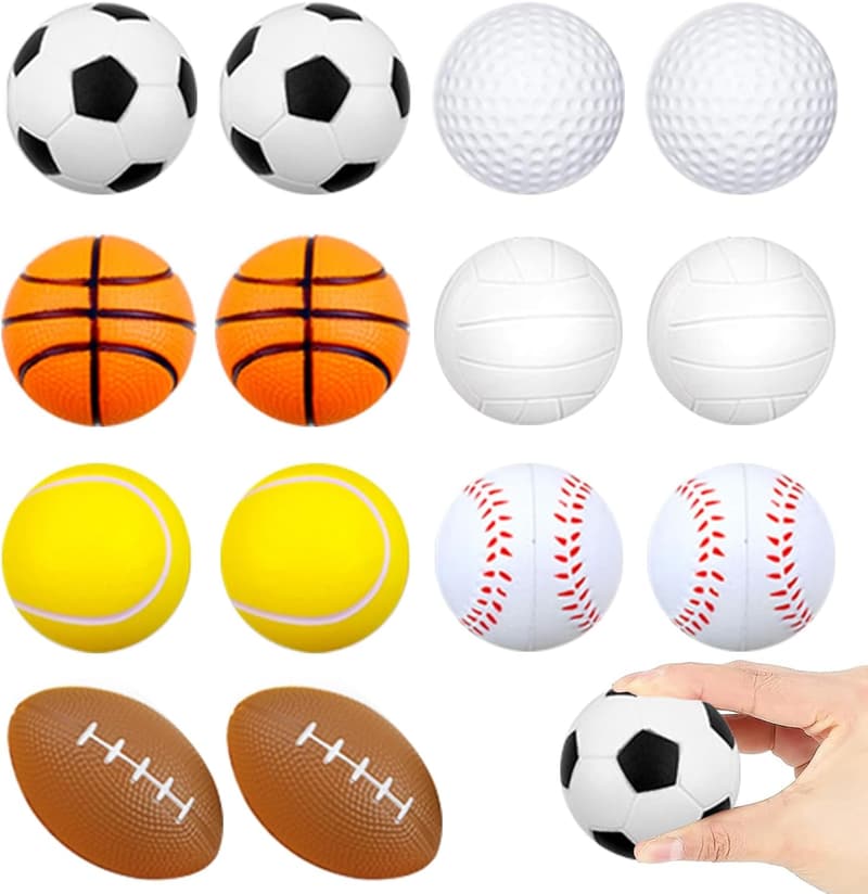 Mini Antistressbälle Set - 14 Stück für Kinder, Fußball, Basketball & mehr