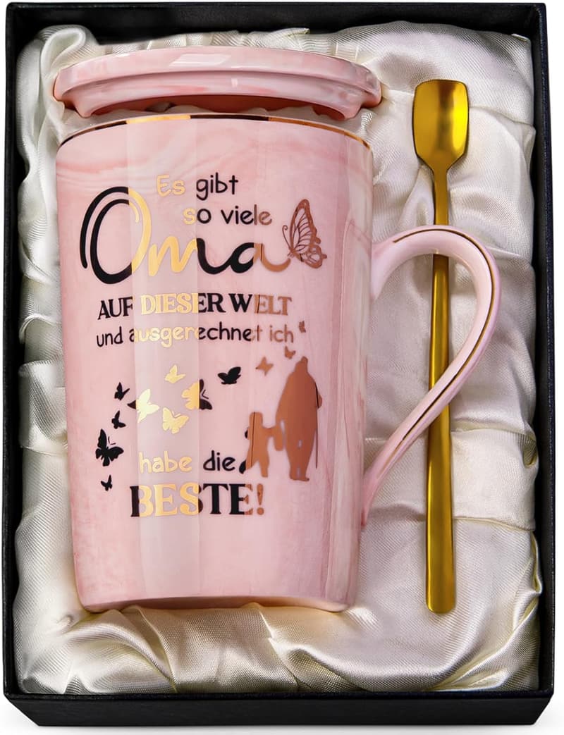 Geschenk für Omas: Rosa Marmortasse mit Gold-Druck, 14Oz