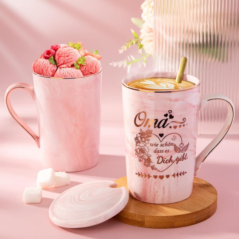 Geschenk für Omas: Rosa Marmortasse mit Gold-Druck, 14Oz
