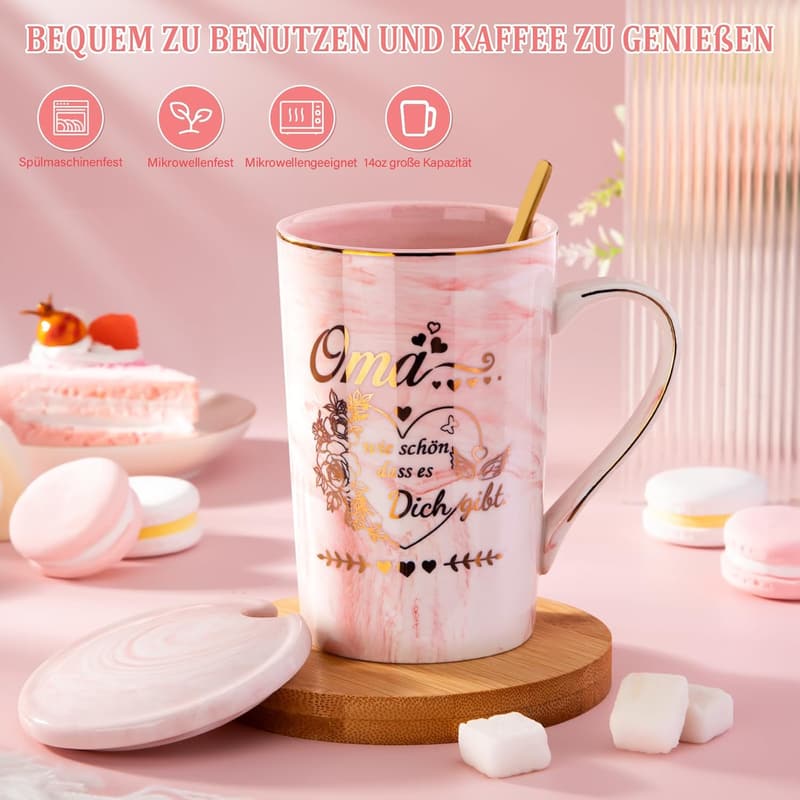 Geschenk für Omas: Rosa Marmortasse mit Gold-Druck, 14Oz