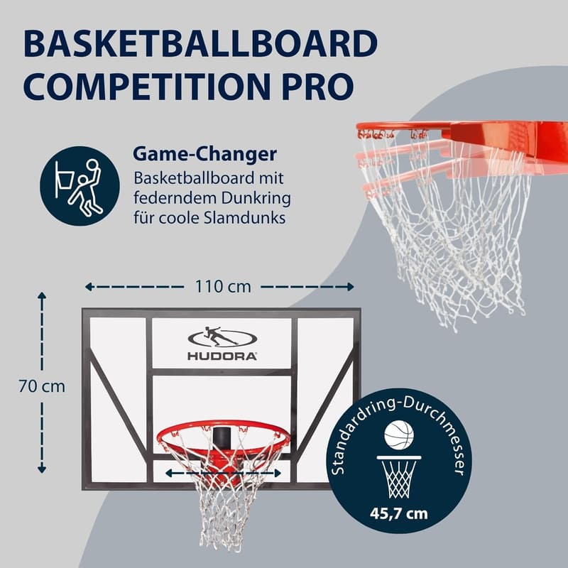HUDORA Basketball Board Competition Pro für Garten - Wandmontage mit Dunkring