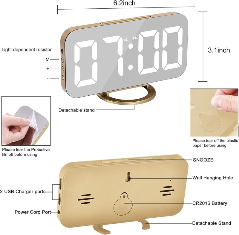 Moderner Digitaler Wecker mit LED-Display und USB-Ports - Gold