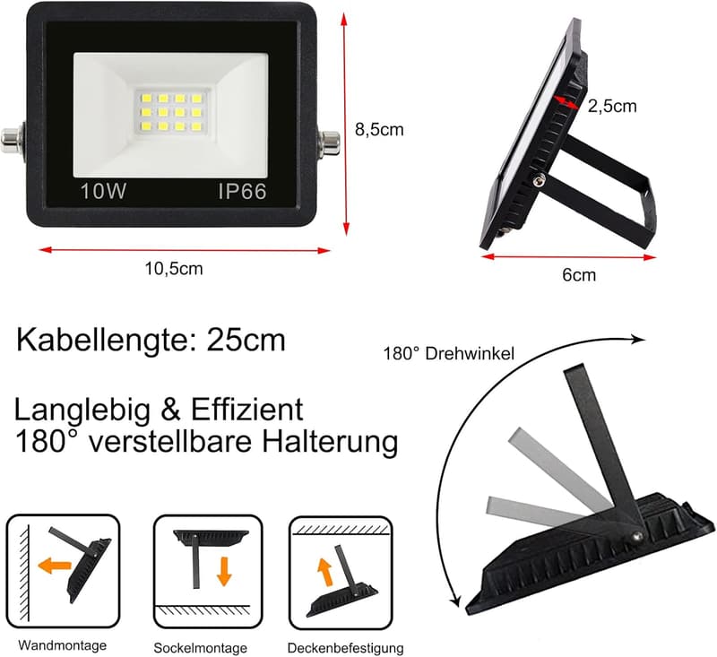 Wasserdichter 10W LED Außenstrahler für Garten und Garage, 850LM