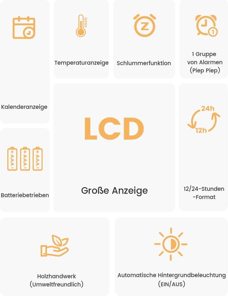 Digitaler Holzwecker mit großer Anzeige und Nachtlicht