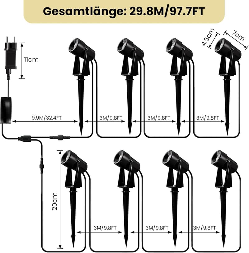 Yuusei 8er-Pack Gartenbeleuchtung, 29,8 m, 3000K LED, IP65 wasserdicht