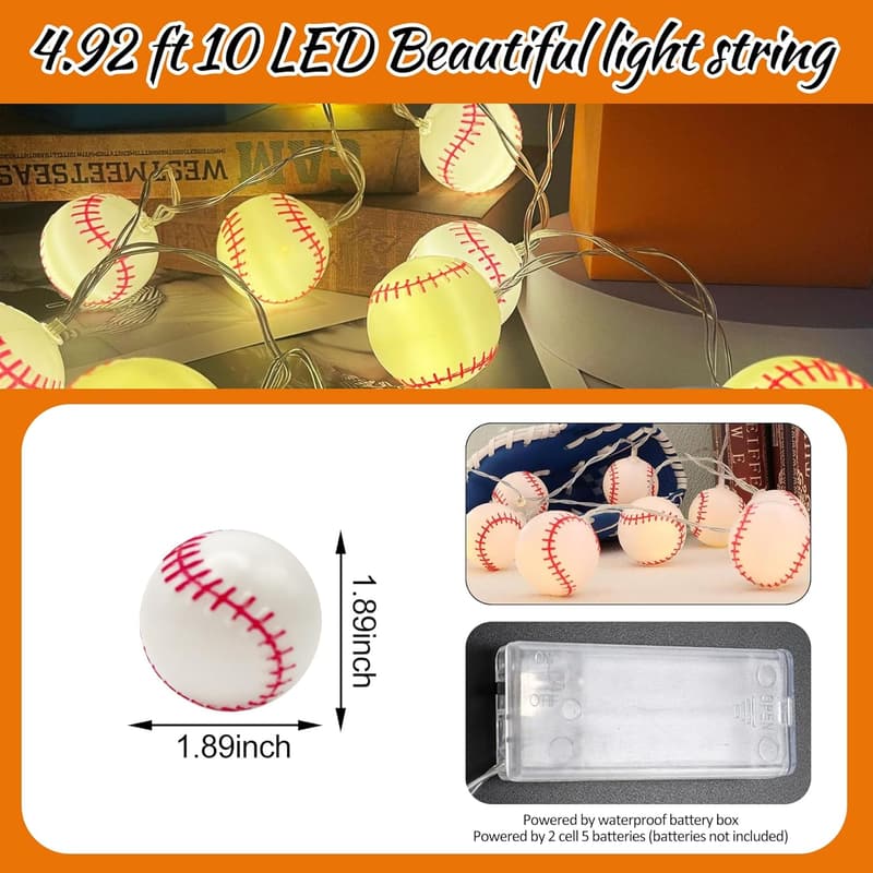 Baseball Lichterkette für Kinderzimmer, 1,5m, batteriebetrieben, 10 LEDs
