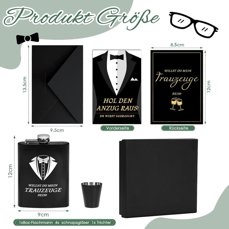 Trauzeugen Flachmann 8oz mit Gravur und 4 Bechern, Geschenkbox
