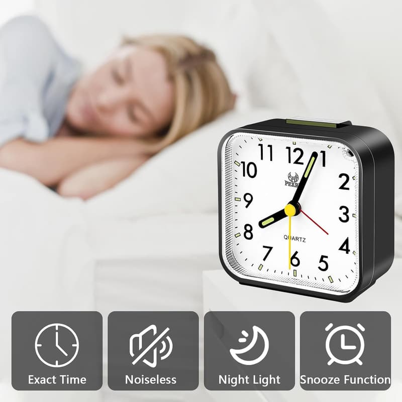 Leiser Analogwecker mit Alarm und Nachtlicht – batteriebetrieben, schwarz