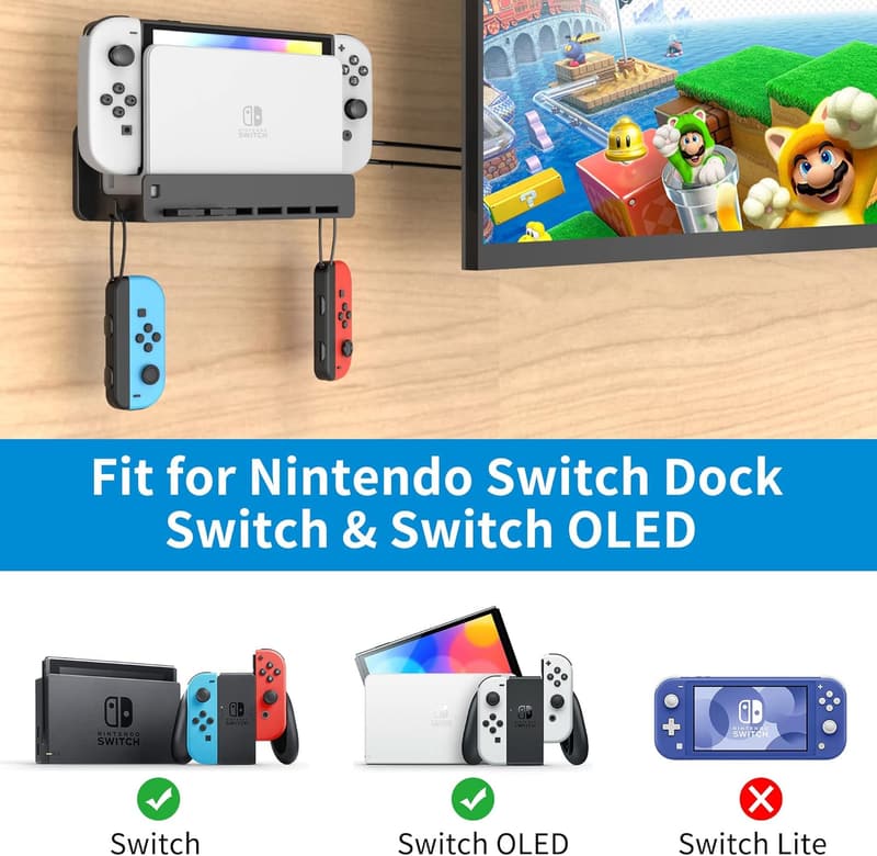 Platzsparende Wandhalterung für Switch mit Joy-Con Haken und Kartenslots