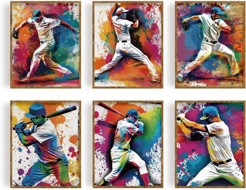 Baseball Kunstdruck Set 6 Stück, Ungerahmt, 20 x 25 cm, Wandkunst