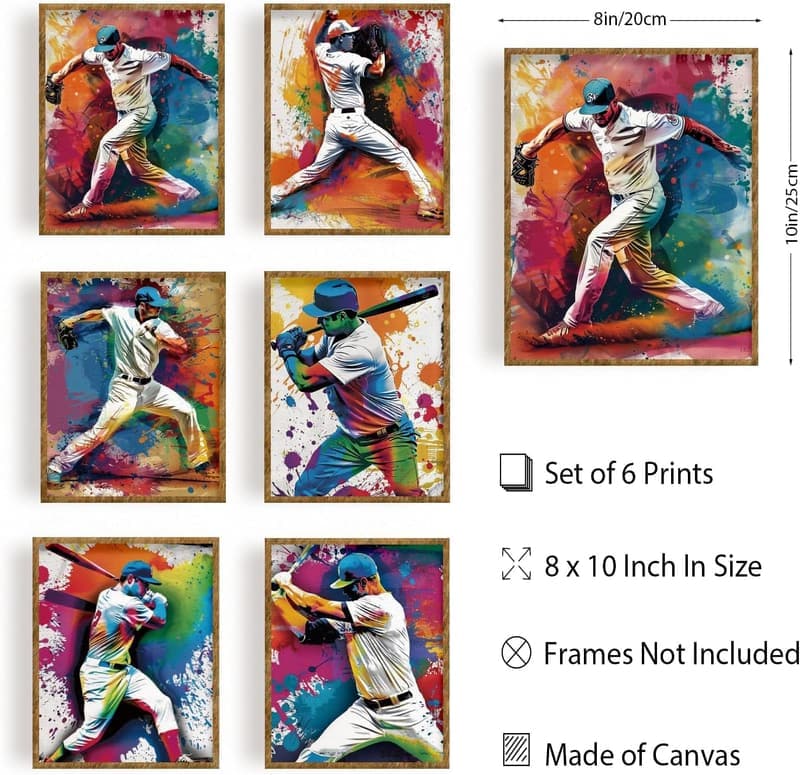 Baseball Kunstdruck Set 6 Stück, Ungerahmt, 20 x 25 cm, Wandkunst