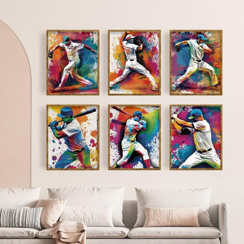 Baseball Kunstdruck Set 6 Stück, Ungerahmt, 20 x 25 cm, Wandkunst