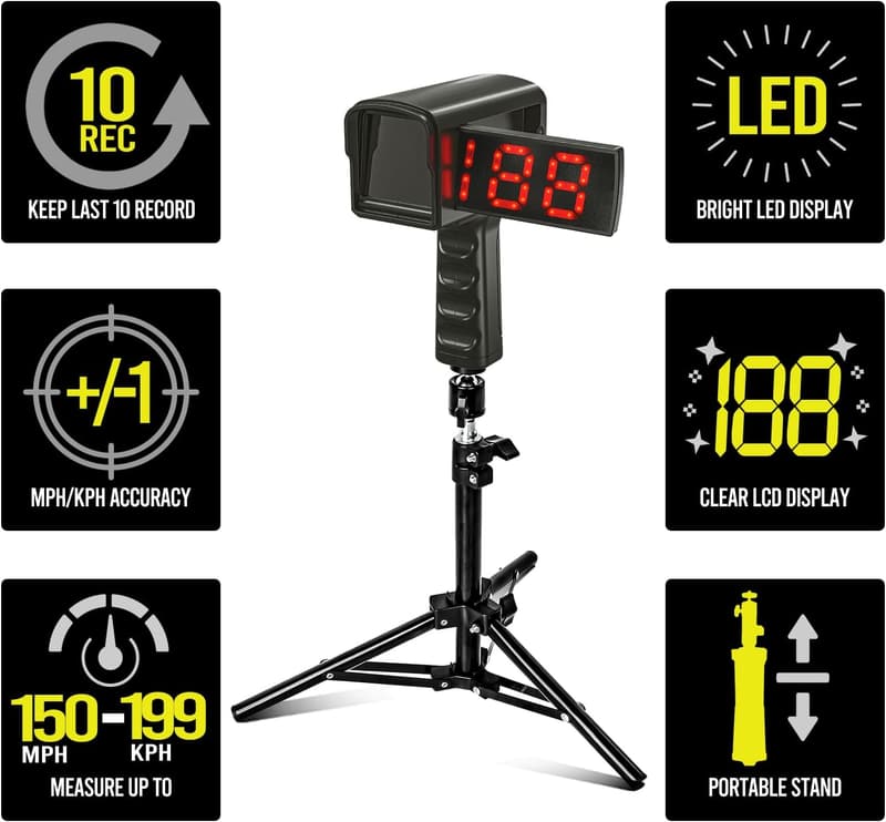 WEEPALM Baseball-Radarpistole mit LED/LCD-Display und Stativ