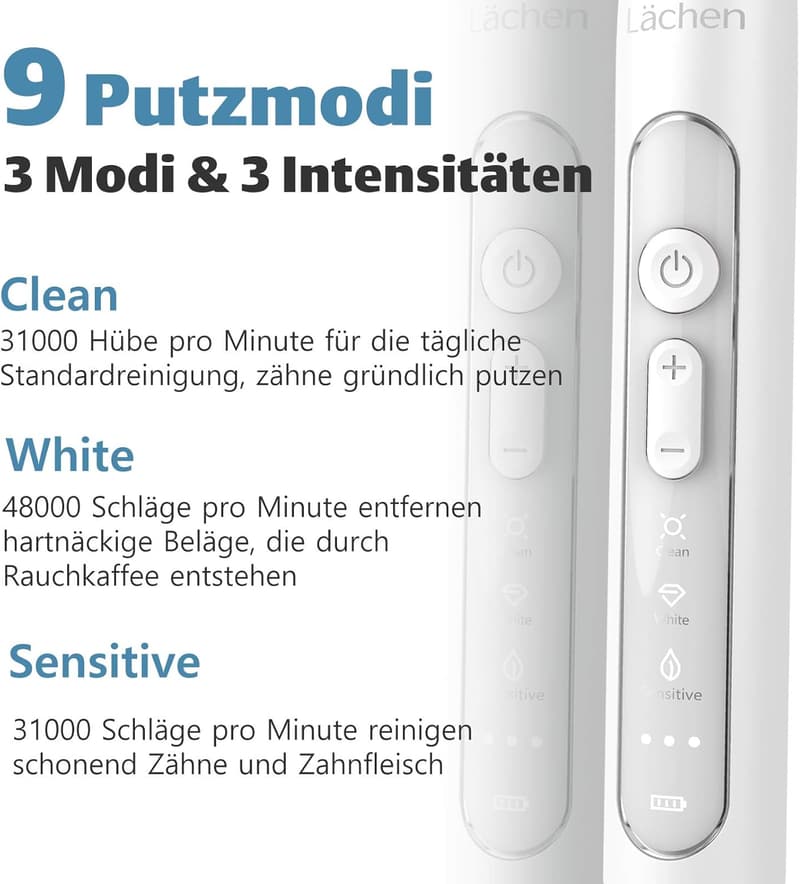 Lächeln Sonic Schallzahnbürste mit 4 Bürsten und Timer, 3 Modi, Reisetasche