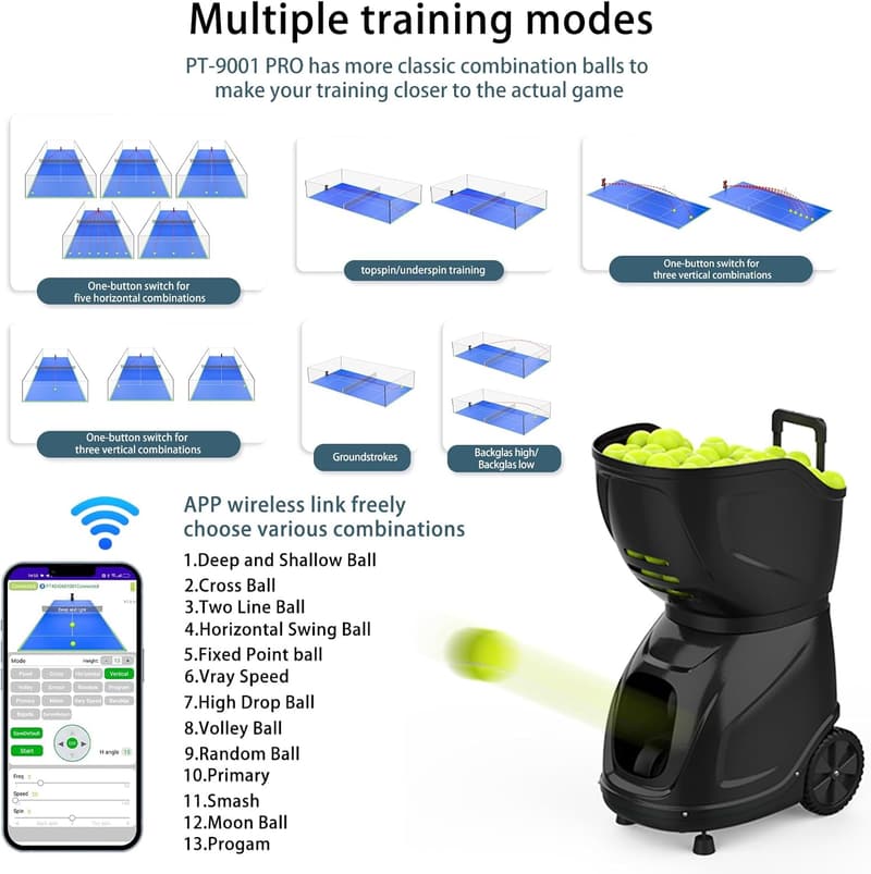 PUSUN PT-9001 Padel Ballmaschine mit APP-Steuerung – 35 Landepunkte, 12 Modi, variabler Spin und Geschwindigkeit