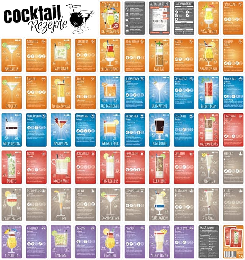 Cocktail-Rezepte auf Karten - Set mit 30 Rezepten in Metalldose