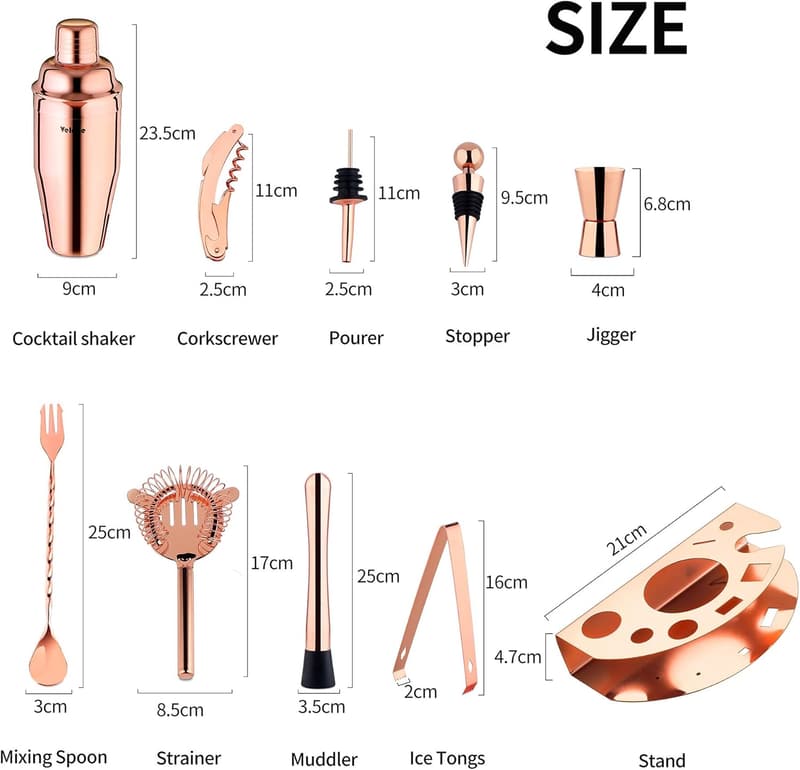 Cocktail Shaker Set aus Edelstahl, 10-teilig, Rosegold für Barkeeper