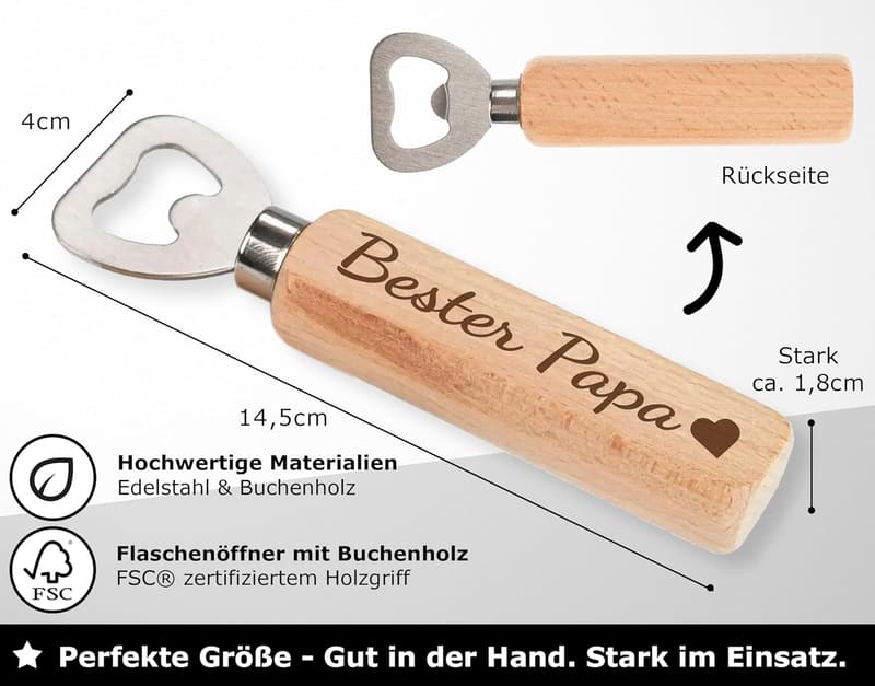 Geschenk für Papa: Gravierter Holzflaschenöffner 