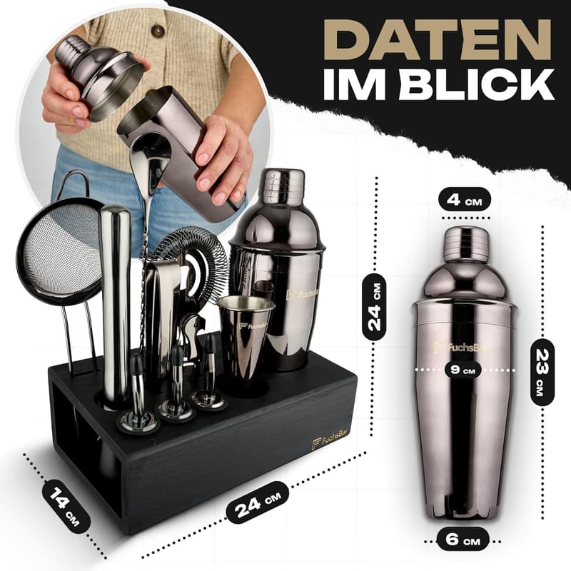 Edelstahl Cocktail-Set 8-teilig mit Shaker und Rezeptkarten für Partys