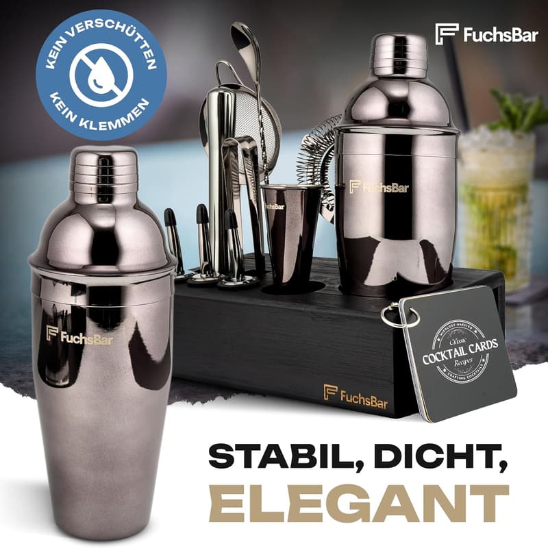 Edelstahl Cocktail-Set 8-teilig mit Shaker und Rezeptkarten für Partys