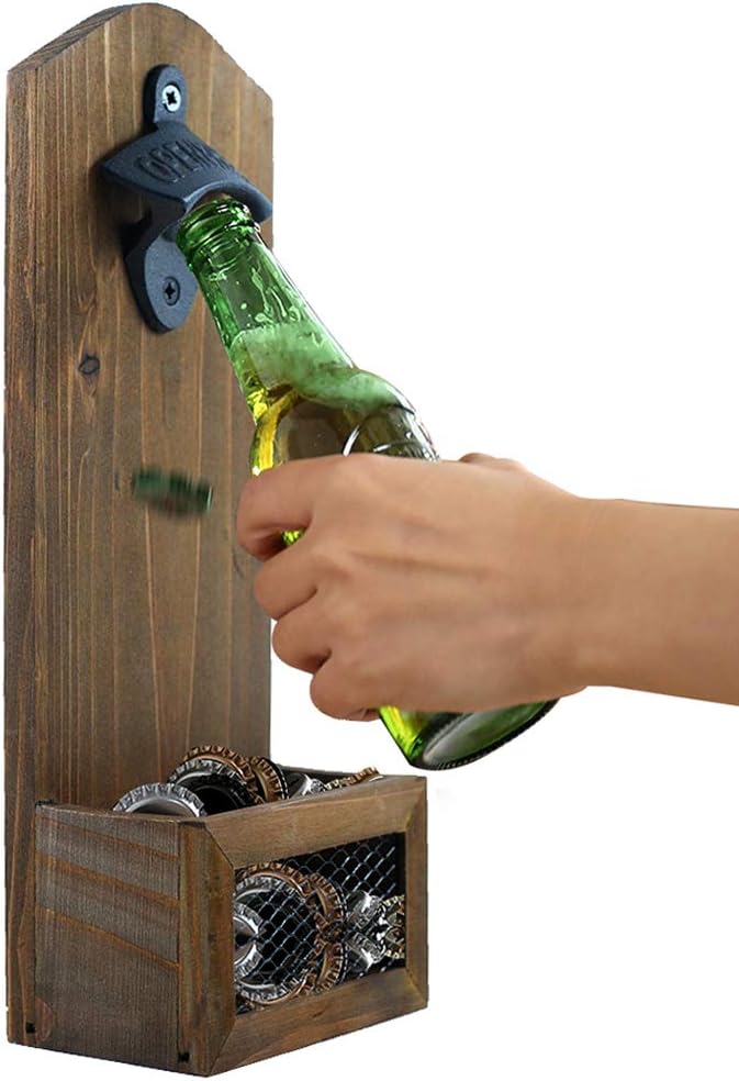 Wandmontierter Vintage-Flaschenöffner mit Kronkorkenauffang - Geschenk für Männer