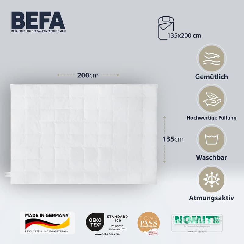 BEFA NATUR Sommerdaunendecke 135x200 cm, 90% Daunen, Allergikergeeignet