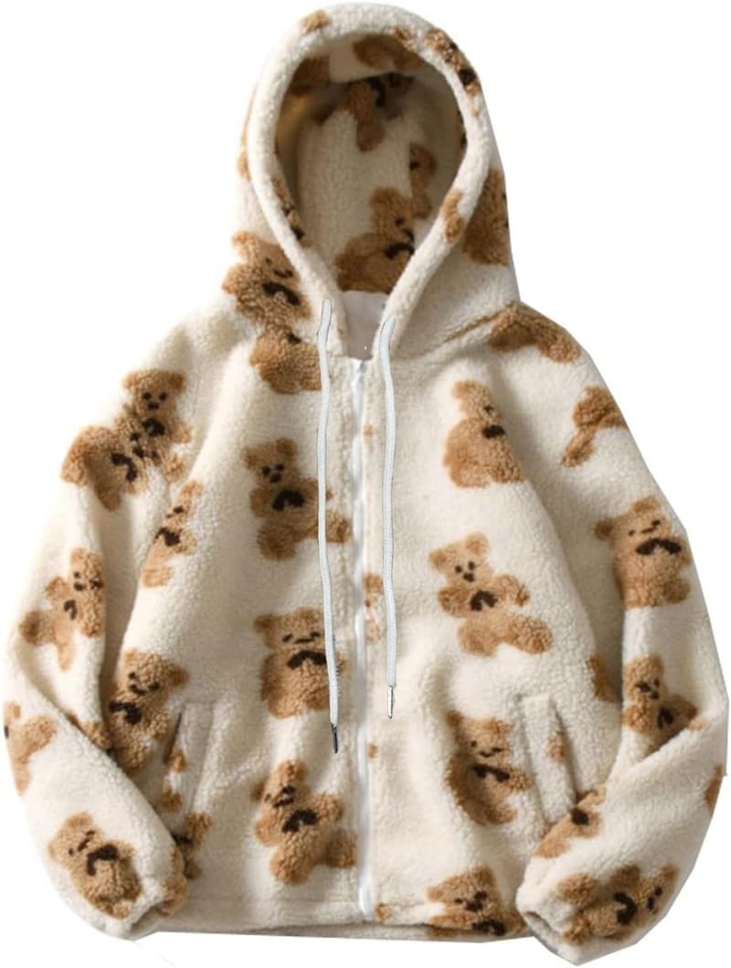 Damen Winterjacke Hoodie mit Teddy-Druck und Fleece-Material