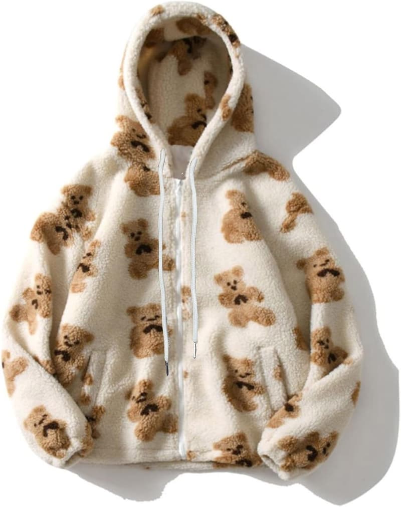 Damen Winterjacke Hoodie mit Teddy-Druck und Fleece-Material