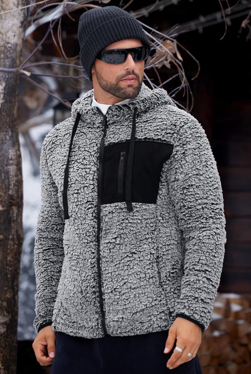 Herren Sherpa Kapuzenjacke aus Vlies mit Taschen (S-XXL)