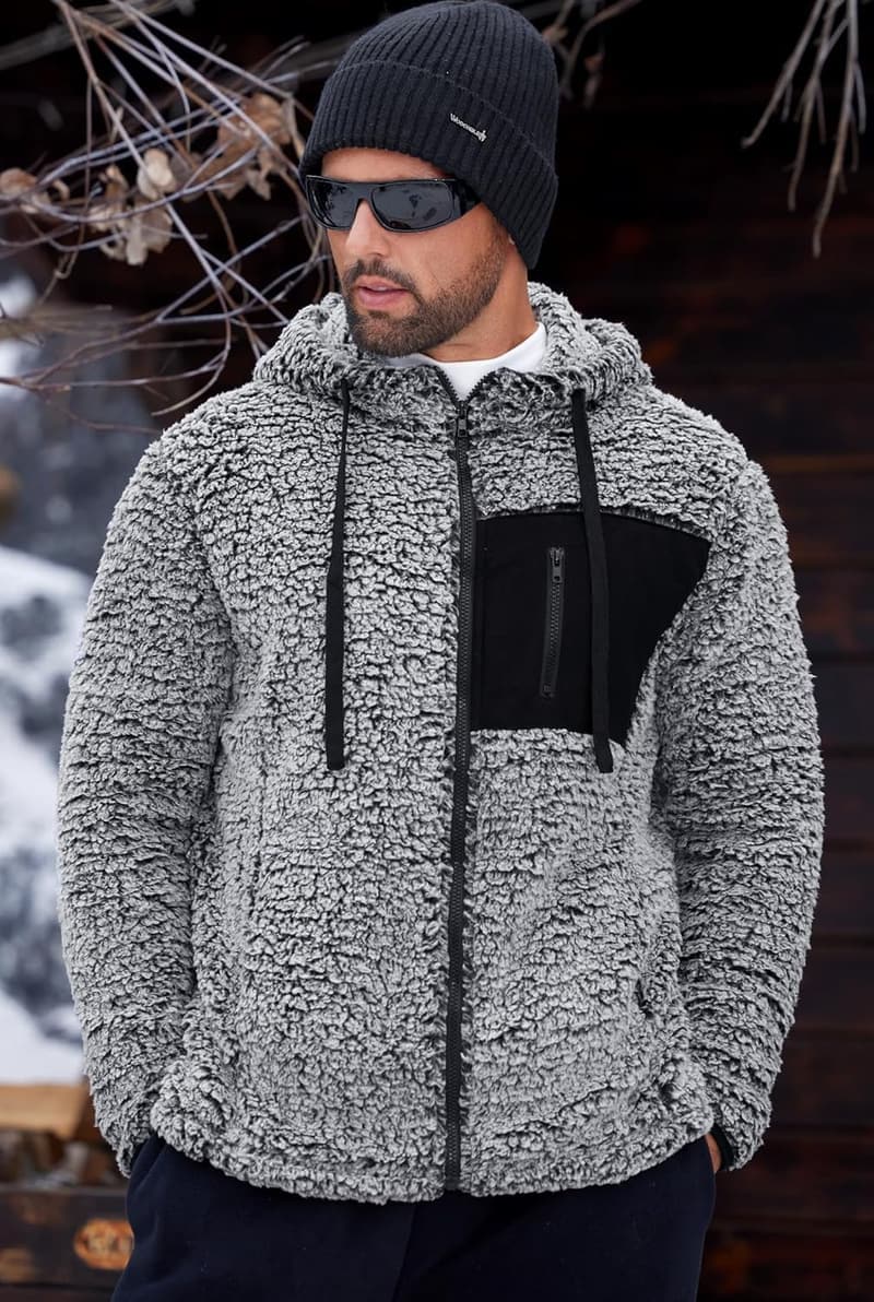 Herren Sherpa Kapuzenjacke aus Vlies mit Taschen (S-XXL)