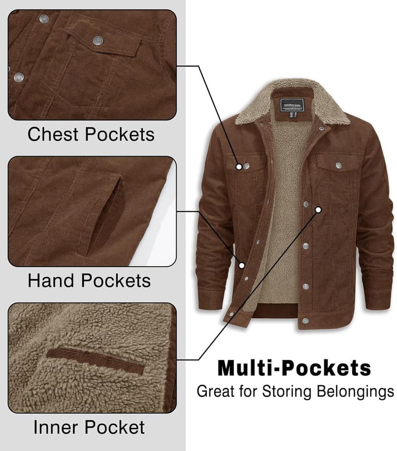 Warme winddichte Cordjacke für Herren - gefütterte Outdoorjacke mit Taschen